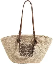 [BTCHING] Straw Bag Straw Bag Large Capacity Bag Hand-Woven Tote Bag Beach Women'S Bag-White, White