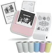 Mini Printer Sticker Printer Bluetooth for Phone Portable Thermal Print for Photo,Note,Journal,Memo,with 6 Rolls Thermal Paper（Pink）