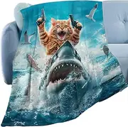 [Generic] Funny Cat Shark Blanket | Cat Riding Shark Sea Fall Blanket,Large Bed Blankets for Sofa Couch Chair, Farmhouse Decor