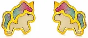 [Monde Petit] Mondepetit Girls' Earrings Yellow Gold 9 Carat Unicorn Enamel Multicoloured Shiny Gift Box, Yellow Gold