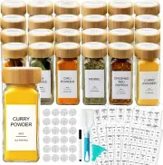 24Pcs Glass Spice Jars with Bamboo Airtight Lids and 398 Labels 4oz Empty Square