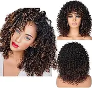LSOAARRT 14Inch Short Hair Afro Kinky Curly Wigs With Bangs for Black White Women Ombre Glueless Natural Curly Bob Wig High Remperature