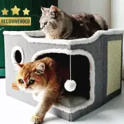 Cat Bed Cave Foldable Condo Cube Scratch Pad Anti-Anxiety Indoor 30lbs