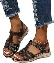 [ROMDS] Open Toe Buckle Ankle Strap Flatform Wedge Casual Sandal Summer Beach Sandals Fashion Ladies Bohemia Platform PU Leather Flip Flops Sandals,Brown,US7/EU38