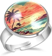 [FVQL] Stainless Steel Ring for Girls, tropical pattern beach, 1.7cm/0.67inch, Glass, glass