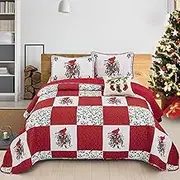 WONGS BEDDING Christmas Quilt Set King(90"x110") Red Berries and Cardinals Pattern Bedding Solid Quilted Bedspread Coverlet with 2 Pillow Shams, Soft Microfiber Red White Plaid Patchwork Bedding