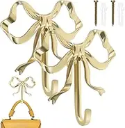 STUIPIUL Bow Hook 9.2x9x2cm Decorative Bow Hanger Gold Towel Hook Multi-Purpose Bow Shaped Hat Hooks Gold Brass Bow Shaped Hat Hooks Wall Hanging Towel Hook for Bathroom Bedroom Bathrobe (2pcs)