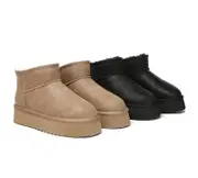 EVERAU® UGG Boots Women Sheepskin Wool Ankle Platform Romi - Black / AU Ladies 8 / AU Men 6 / EU 39