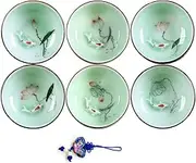 ZHAMS Hand Painted Kungfu Teacup,Chinese Long-Quan Celadon Teacup,Fishes and Lotus Pattern,Set of 6