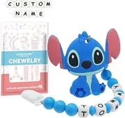 Dummy Clip Personalised Name, Silicone Teething Toys, Custom Made Silicone Stitch Teether Toys with Dummy Clip for Baby Boys and Girls Infant - Blue