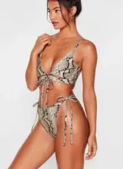 Nasty Gal Snake Print Tie Cut Out High Leg Underboob Bikini Set 6