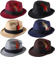[Xtinmee] 6 Pcs Hats for Men Wide Brim Jazz Hat with Feather Panama Hats 1920s Hat Casual Bowler Hat for Women Costume, 6 Colors, Classic Colors