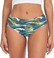 [RPLIFE] Surfing Rex Riding Waves Green Womens Breifs Underware, Womens Breathable Brief Underwear, Women Brief Spandex Underwear, Surfing Rex Riding Waves Green, Medium
