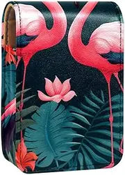 Travel Lipstick Organizer Case,Lipstick Case Portable Makeup Bag with Mirror,Flamingo Flower Tropical Leaves