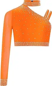 [Hedmy] Kids Girls One Shoulder Long Sleeve Mesh Rhinestones Athletic Crop Top Jazz Hip-hop Dance Shirts