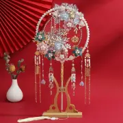 Long Handle Bride Group Fan Antique Style Bride Hand Held Fan for Hanfu