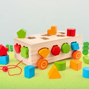 幾何形狀配對智力盒 17孔智力車 寶寶形狀配對拖車 幾何形狀積木 認知分類盒 積木車 積木推車 (5.9折)
