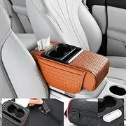 Multifunctional Car Armrest Cushion – Universal Pressurized Armrest Pad with 2 Cup Holders, Phone Slot, Tissue Box & Side Pockets for Extra Storage & Comfort(Brown)