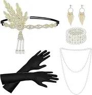 [Pichcppo] 1920s Great Gatsby Accessories Set,Costume Accessories,Includes Headband, Necklace, Gloves, Earrings, Bracelet, Holder