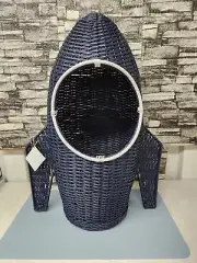 Pottery Barn Kids Room Decor Rattan Wicker Blue Handmade Rocket Basket Rare