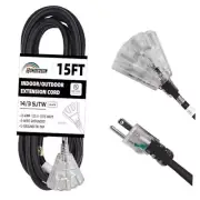 3-Outlets Indoor Outdoor Extension Cord Weatherproof with 15FT Black 14/3