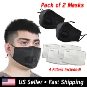 (2 pack) Reusable Face Masks Black Cotton - 4 PM2.5 Filters - Adjustable