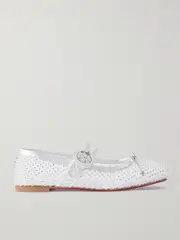 [Christian Louboutin] Christian Louboutin - Mamastrapitina Crystal-embellished Leather-trimmed Mesh Ballet Flats - White - IT42 IT 42 White