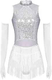 [Hedmy] Women's Sparkly Latin Jazz Dance Costume Tassels Fringed Leotard Cutout Mesh Sequin Dress with Gloves