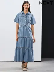 Bleach Tiered Seam Front Denim 100% Cotton Midi Dress (AF6082) | $70