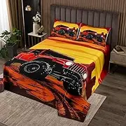Off-Road Truck Kids Bedspread Twin Size,Adventure Vehicle Extreme Sports Games Coverlet Set,Boys Men Room Decor,Western Tropical Desert Quilted Coverlet,Red Black Bedding Quilt,1 Pillowcase