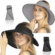 [FENELY] Women Sun Visors Foldable Straw Hats Summer Beach Packable Hat Floppy Wide Brim Cap Deep Style, Adjustable Size
