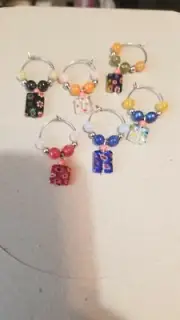 Beautiful Wine Glass Charm Rings Set Of 6 MILLEFIORI GLASS BEADS