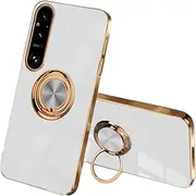 [UPLAI] Stylish Case for Sony Xperia 1 V, Slim Shockproof Electroplating Design Mobile Phone Case with Ring Holder, Soft TPU Silicone Bumper Protective Cover, White