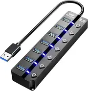 USB Hub 3.0 7 Ports, 4FT USB Hub Splitter Extender 7 in1, Individual On/Off Switch LED Indicator, Compatible with Laptop, Surface Pro, PC, PS4/5, Flash Drive, Keyboard, Mouse, Mobile HDD