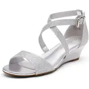 Dream Pairs Womens 8W Wide Silver Glitter Ankle Strap Open Toe 2" Wedge Heels
