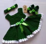 Handmade crochet baby frock 3M New born Girl Frock shoe Green Knit Dress set New
