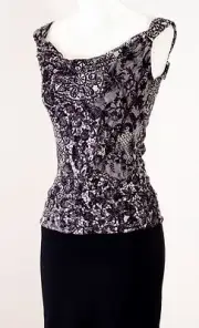 NWT ANNE KLEIN NEW YORK $150 SILVER SCREEN LINED TOP W/ LACE OVERLAY PETITES PP