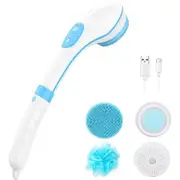 Electric Bath Brush Set, Waterproof Electric Body Scrubber and Silicone Face Brush, 4 Rotating Brush Heads, Exfoliating Shower Brush, Back Brush