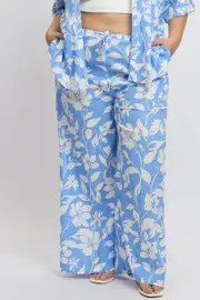 Blue Abstract Drawstring Waist Wide Leg Linen Blend Pants