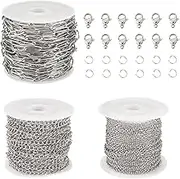 Beadthoven 3 Rolls 49.2 Feet 304 Stainless Steel Chains 4mm Paperclip Chains, 2mm Cable Link Chain, 3mm Twisted Curb Chain with Lobster Clasps Jump Rings for Jewelry Making Necklace DIY Crafts