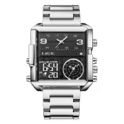 LIGE Men Square Watch Full Silver Steel Wristwatch Male Digital LED Wristwatch