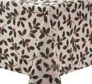 60x84 Rectangle Christmas Holly Green Red on White Polyester Fabric Tablecloth