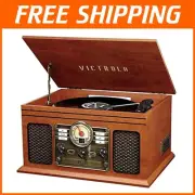 Authentic Mahogany Retro Record Player with Bluetooth, CD, & FM Radio - 6-in-1