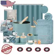 Stylish Light Blue Bathroom Set: Rugs, Shower Curtain & Essential Accessories
