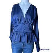 Jason Wu Navy Satin Front Button Babydoll Top Sz L NWT