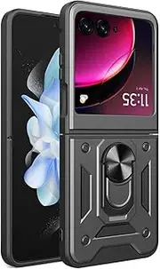 [UPLAI] Case for Motorola Razr 50 Ultra, Slim Shockproof Armour Mobile Phone Case with Sliding Camera Cover and Magnetic Ring Stand, PC + TPU Durable Protective Case, Black