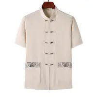 在飛比找蝦皮購物優惠-夏季新款中國風男裝 民族風棉麻刺繡手工盤扣短袖男士上衣唐裝 