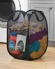 Whitmor 5588-11473-BLK Pop & Fold Laundry Hamper, Black Mesh Fabric, Wire Frame,