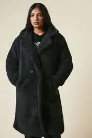 Dorothy Perkins Womens Jacket Borg Collared Midi Coat Black Casual