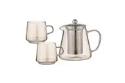 3pc Tempa Oaklyn Gold Glass Teapot Mugs Set Home Kitchen Hot Cold Drinks